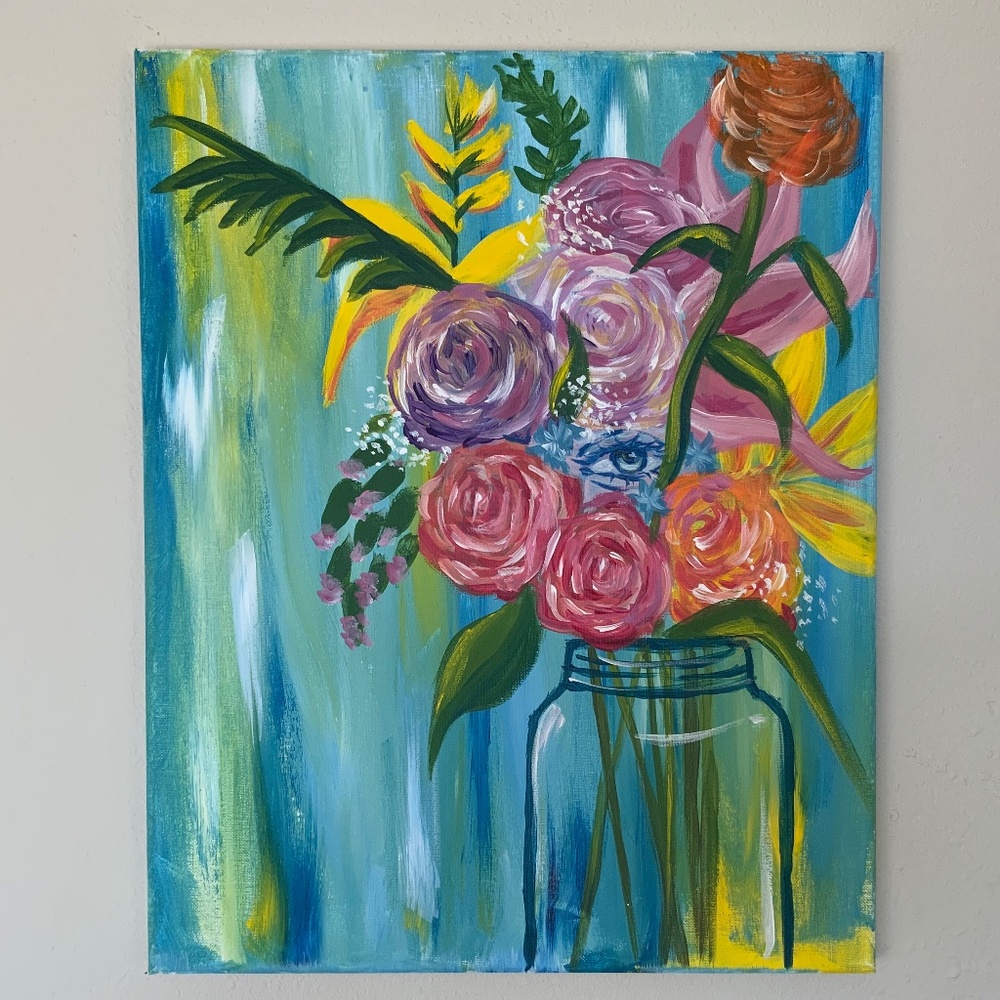 Eye in Flowers Hand-painted Unique Original Floral Art Picture Acrylic on Canvas